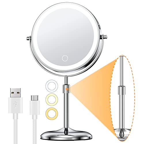 Gospire 7-Inch Lighted Makeup Mirror with 1X/10X Magnification, Silver, Height Adjustable
