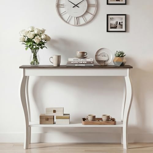 39-Inch Narrow Farmhouse Entryway Table with Storage Shelf - Soft White
