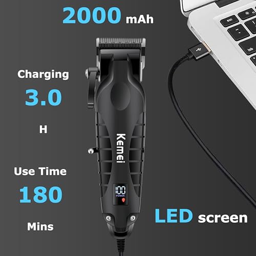 KEMEI 2290 Black Hair & Beard Clipper with T-Blades, LCD Display, 180-Minute Cordless Trimmer