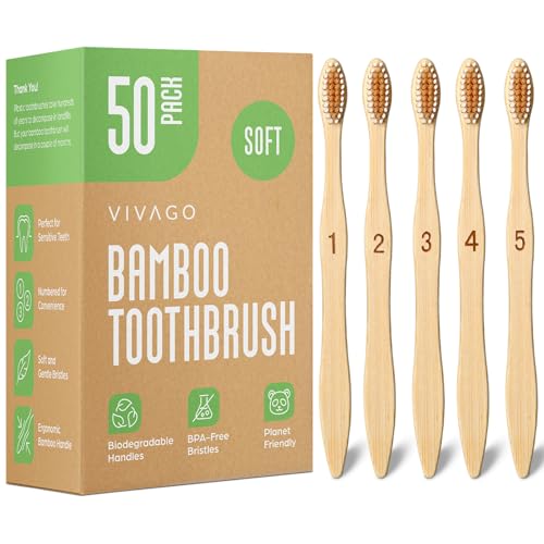 50 Pack Bamboo Toothbrushes for Adults - Soft Bristles, Eco-Friendly & Recyclable