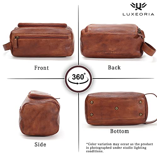Premium Handmade Leather Toiletry Bags for Men and Women, Genuine Leather Dopp Kit and Shaving Bag for Men, Travel Cosmetic Bag for Women's and Men's, Retro - Cognac