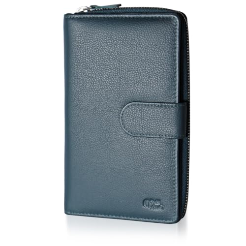 Mou Meraki Big Fat RFID Blocking Leather Organizer Checkbook Wallet for Women – Teal Blue Clutch