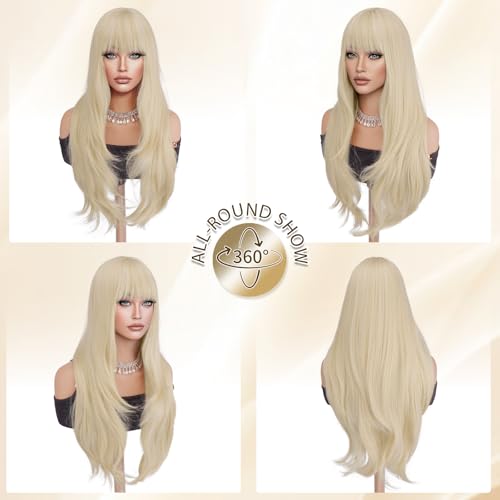 Haloo Platinum Blonde Wigs with Bangs - 26 Inch Long Wavy Synthetic Hair for Women