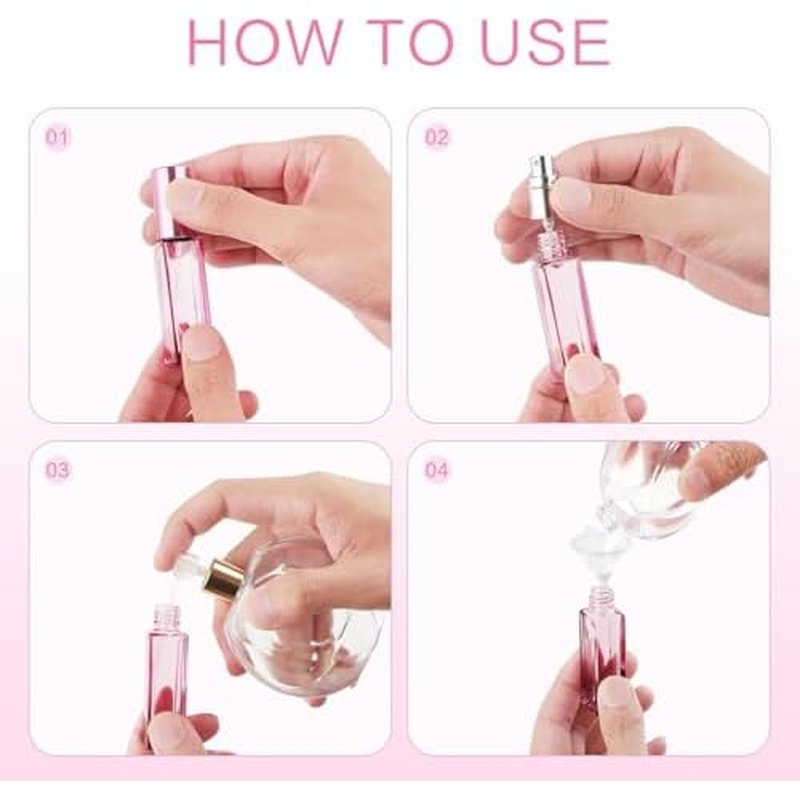 4PCS 10?ml Refillable Travel Perfume Bottle Set ? Glass Perfume Atomizer and Mini Spray Bottles with Funnels, Portable Leak?Proof Containers