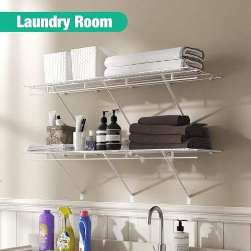 Wall Mounted Closet Shelves 2 Pack - 4 ft x 16 in Wire Shelf Kit, Space-Saving Storage
