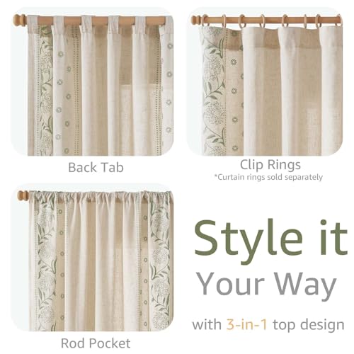 Jinchan Sage Floral Linen Curtains 50"W x 84"L, Pack of 4, Back Tab, Vintage Style
