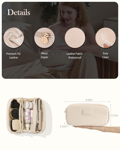 Large Beige Makeup Bag with Divider - Travel Organizer Purse for On-the-Go