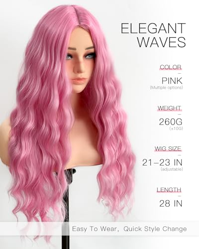 Aida ble Long Pink Wavy Wig for Women 28-Inch Synthetic Hair - Middle Part - Variation Pink