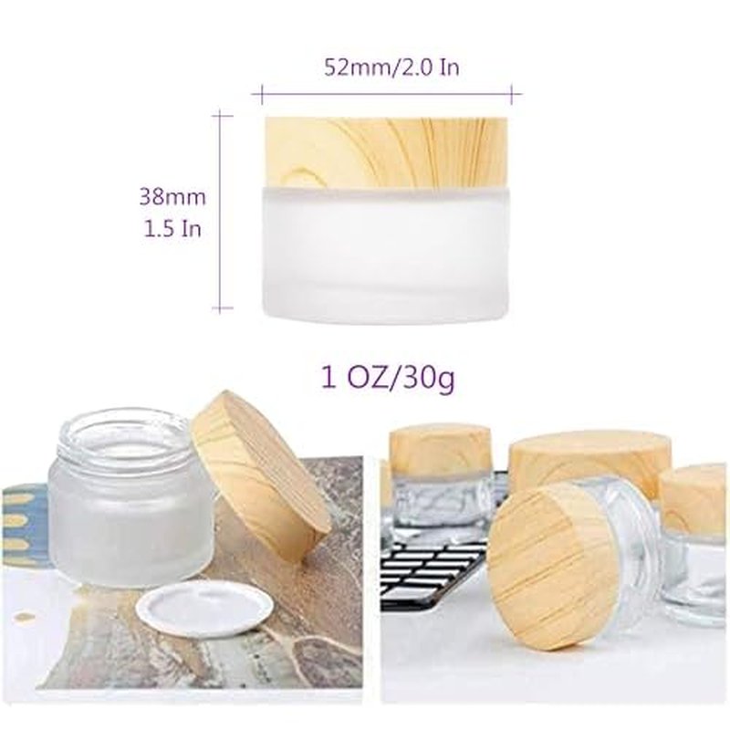6 Pcs 30 Gram/30 ml Empty Jars Round Frosted Glass Cosmetic Cream Jar Bottle Wood Grain Lid Cosmetic Container Refillable Glass Cream Box Lotion Cream Pot Jars for Makeup Lip Balm Eye Cream
