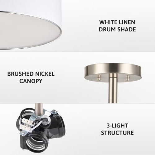 Semi Flush Mount Ceiling Light - 18 Inch Drum Fixture with Nickel Finish - 3 Lights