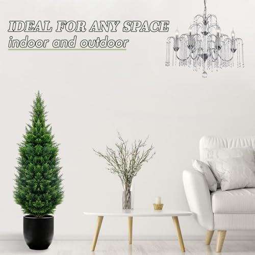 GZFDY 3Ft Artificial Cedar Topiary Trees (2-Pack) with Ground Spikes - UV-Resistant Indoor & Outdoor Faux Shrubs, Green Ground Spike Cedar-2pcs