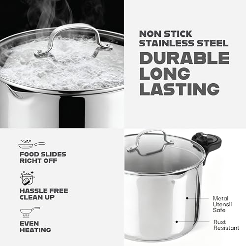 8 Qt Stainless Steel Stock Pot with Strainer Lid - Multipurpose Pasta & Cooking