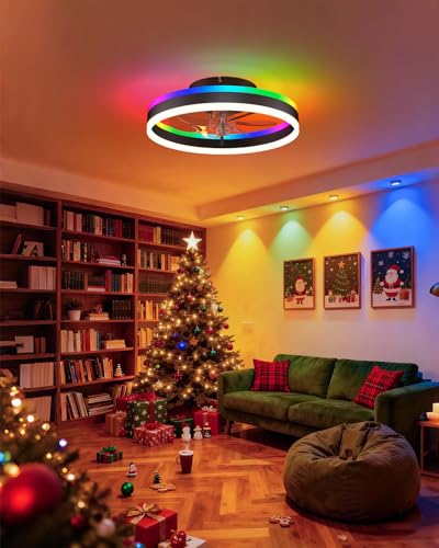 JHSYCH RGB Black 16-Inch Low Profile Ceiling Fan with Lights & Remote