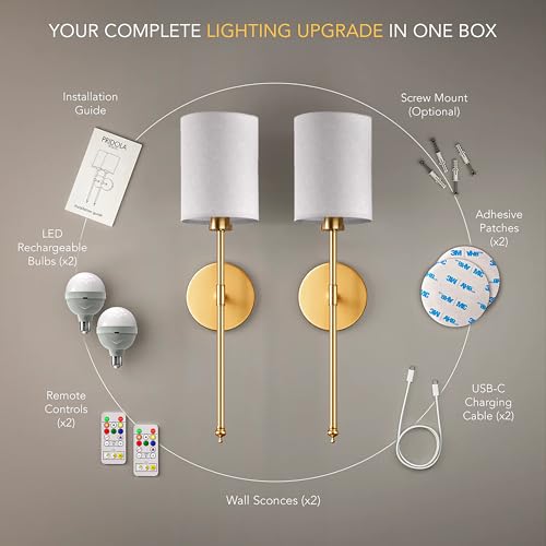 Set of 2 Wireless Wall Sconces with Rechargeable LED Bulbs - Vintage Gold Finish