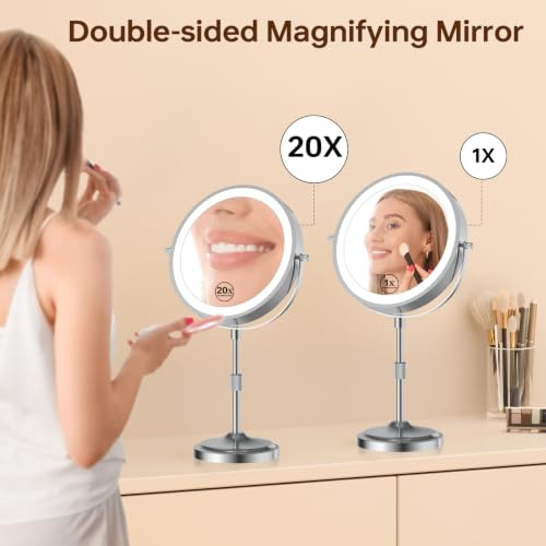 9-Inch Lighted Makeup Mirror with 1X/20X Magnification - Chrome, Adjustable Height