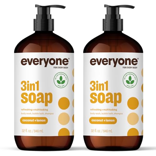 Everyone 3-in-1 Coconut & Lemon Body Wash, Bubble Bath & Shampoo 32oz Pack of 2 - Hypoallergenic & Eco-Friendly