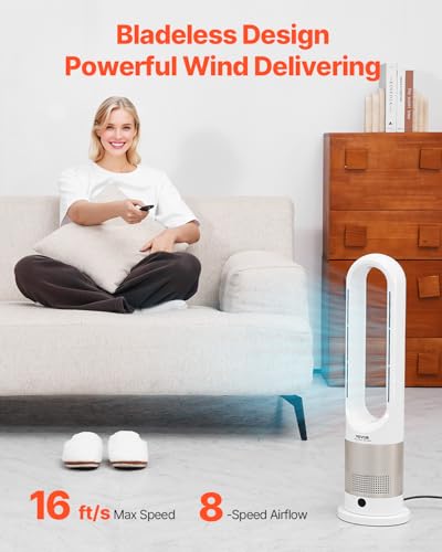 26in Bladeless Tower Fan with Heating & Cooling, 8-Speed Oscillating Floor Fan, Remote Control