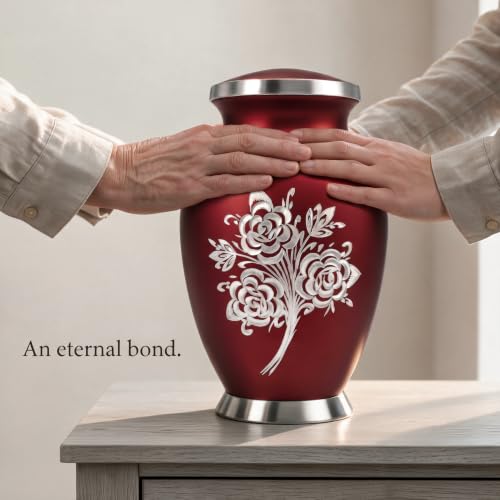 Large Red Cremation Urn for Women - 200 cu in Handcrafted Rose Design - Solace Forever