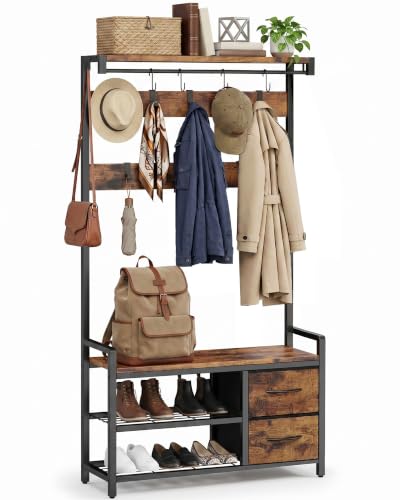 Hall Tree with Bench and Shoe Storage - 34.6" Entryway Coat Rack with Variation 34.6"x11.8"x70.8"