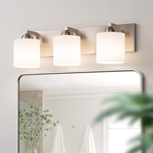 mirrea 3-Light Brushed Nickel Bathroom Vanity Light with White Glass Shades - Modern & Elegant 22-inch Fixture
