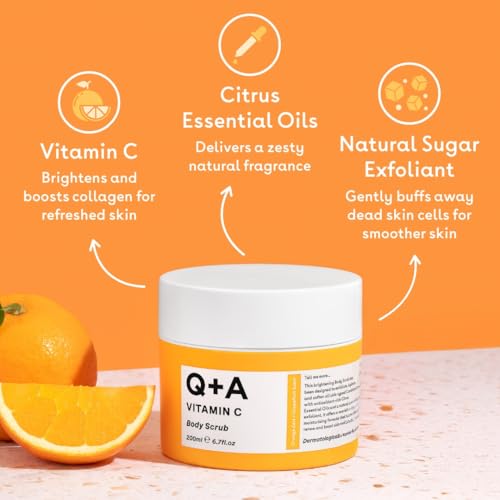 Q+A Vitamin C Body Scrub (200ml), Exfoliating Body Scrub, Brightening and Hydrating Sugar Scrub with Citrus Essential Oils, Vitamin C and Evening Primrose Oil