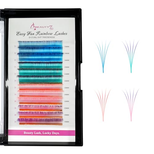 Beauty7 Colored Lash Ombre Lash Extensions Rainbow Lashes Easy Fan Lashes Self Fanning D Curl 0.07mm Thickness 12mm 14mm 16mm Mixed Length Dramatic Eyelashes
