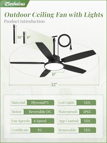 Fanbulous 52" Outdoor Ceiling Fan with Light, Remote, Waterproof IP65, Black