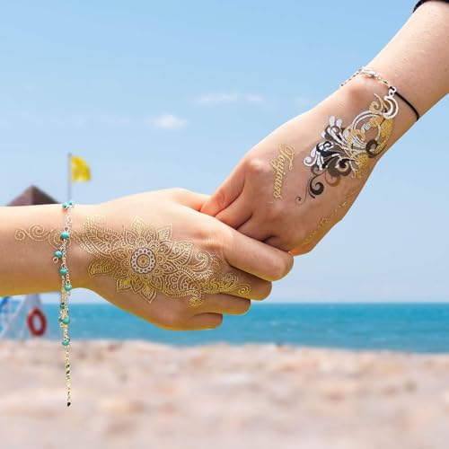 Aresvns Gold Silver Metallic Temporary Tattoos for Women & Girls - 32 Sheets, Waterproof & Removable Body Art