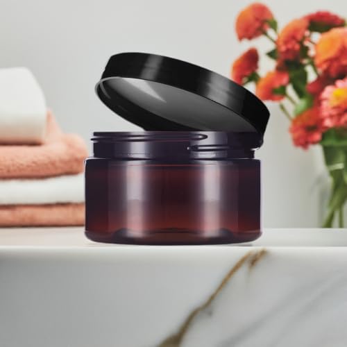 8 oz Amber PET Plastic Refillable Jar with Black Lid - Airtight Storage