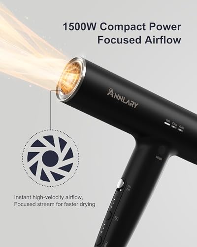 ANNLARY Matte Black Dual Voltage Travel Hair Dryer with Diffuser & Ionic Technology
