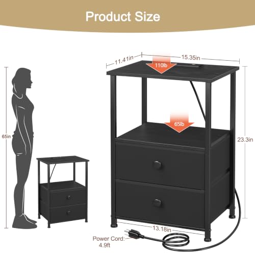 Set of 2 Nightstands with LED RGB Lights and Charging Stations - Black Variation