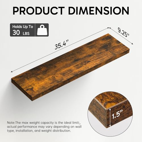 Rustic Brown Floating Shelves Set of 3 - 35.4-inch Wall Mount Wood Shelves - Americana Farmhouse Style