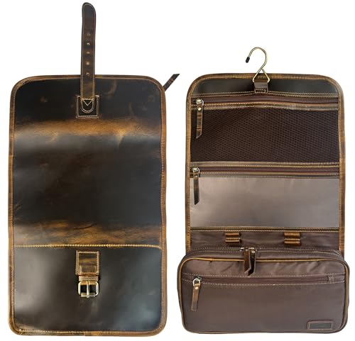 Brown Leather Hanging Toiletry Bag for Men Travel Dopp Kit Organizer