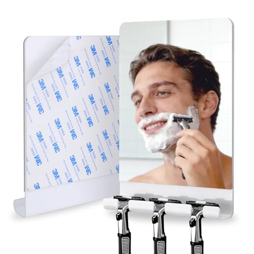 SANTOO Fogless Shower Mirror, Bathroom Shaving Anti-Fog Mirror with 3 Razor Holders - Strong Adhesive for Any Surface Without Falling, Shatterproof & Space-Saving (White)