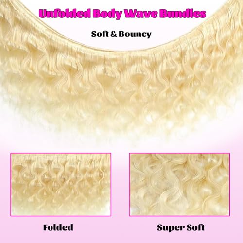 QBRVP 12-Inch Blonde Body Wave Human Hair Extensions - 613 Virgin Brazilian Bundles, Easy to Dye, Tangle-Free, 3X-Lifespan