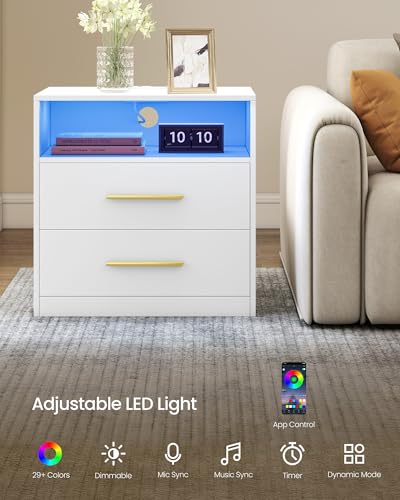 VASAGLE Nightstand with LED Lights & Charging Station - Cloud White, 2 Drawers