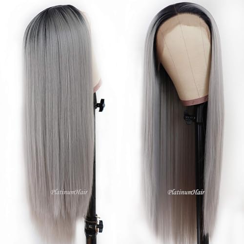 PlatinumHair Ombre Gray Lace Front Wig 24 Inch Long Straight Synthetic Heat-Resistant Fiber for Women - Pack of 1