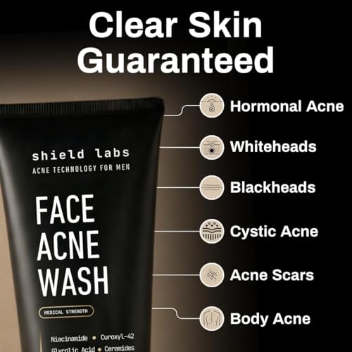 Shield Face Acne Wash for Men 5oz - Clear, Treat & Prevent Acne - Gentle Formula with Niacinamide & Hyaluronic Acid
