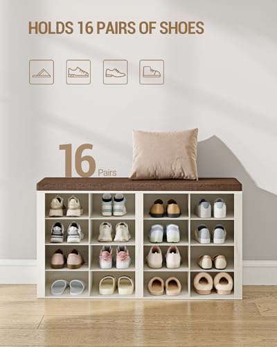 Rustic White Shoe Storage Bench with Cushion - 16 Cubby Entryway Organizer