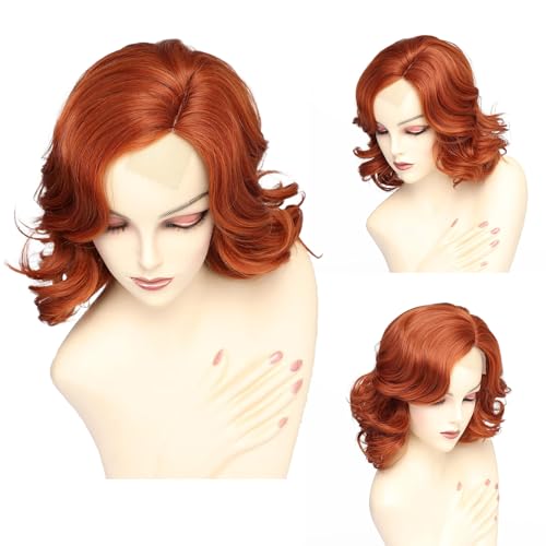 Lace Copper Red Wavy Wig for Women - Short Layered Synthetic Curly Hair, 14 Inch, Natural Look