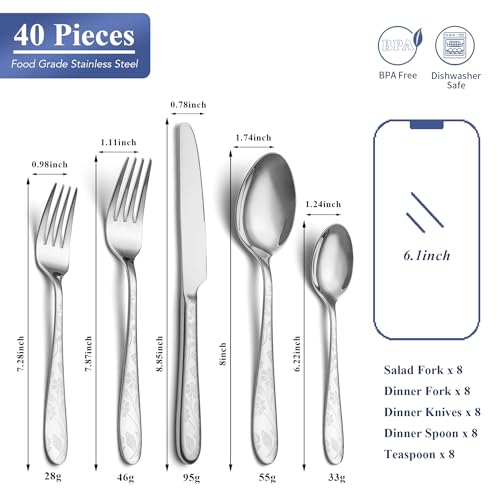 Silverware Set for 8 - Silver Daisy Pattern Stainless Steel Flatware, Modern Kitchen Utensils