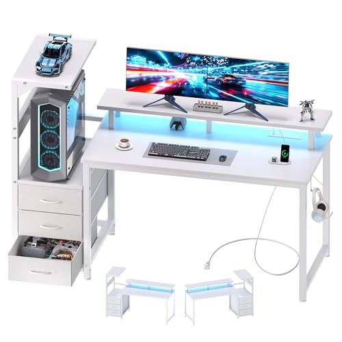 52-Inch Reversible Gaming Desk with LED Lights Power Outlets - White