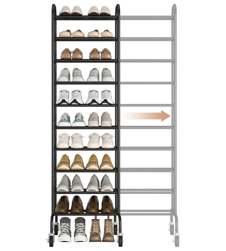 Expandable 10-Tier Shoe Rack - Tall Shoe Organizer for 44 Pairs - Black