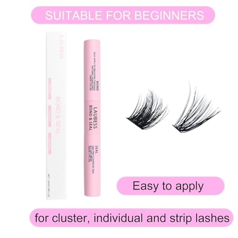 Lash Bond and Seal Waterproof 2Pcs LAUBESS Lash Glue for Eyelash Clusters 2 in 1 Lash Cluster Glue Adhesive Eyelash Glue Home Use Strong Hold 72H 10ml*2