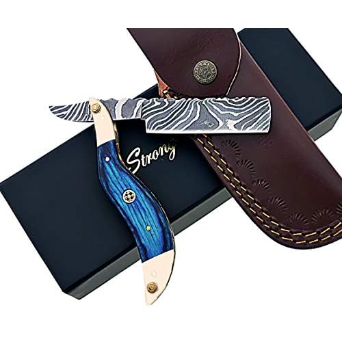 Hand Made Damascus Steel Straight Razor Folding Razor With Shaving Ready Classic Barber Blade Edge, Men Straight Razor, Leather Case + Strop, Close Shave, Great Gift R-87