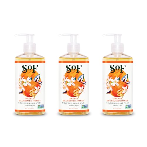 SoF Nourishing Hand Wash - With Moisturizing Sea Algae, Coconut & Olive Oil- Vegan & Non GMO- Free From Phthalates, Sulfates & Parabens- Orange Blossom & Honey - 8 oz Bottle 3 Pack