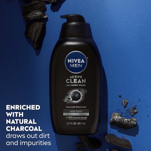 NIVEA MEN Active Clean Body Wash with Natural Charcoal for Normal to Oily Skin,3-in-1 Charcoal Body Wash,Face and Hair,Draws Out Dirt and Impurities,30 Fl Oz Bottle,(Pack of 2)