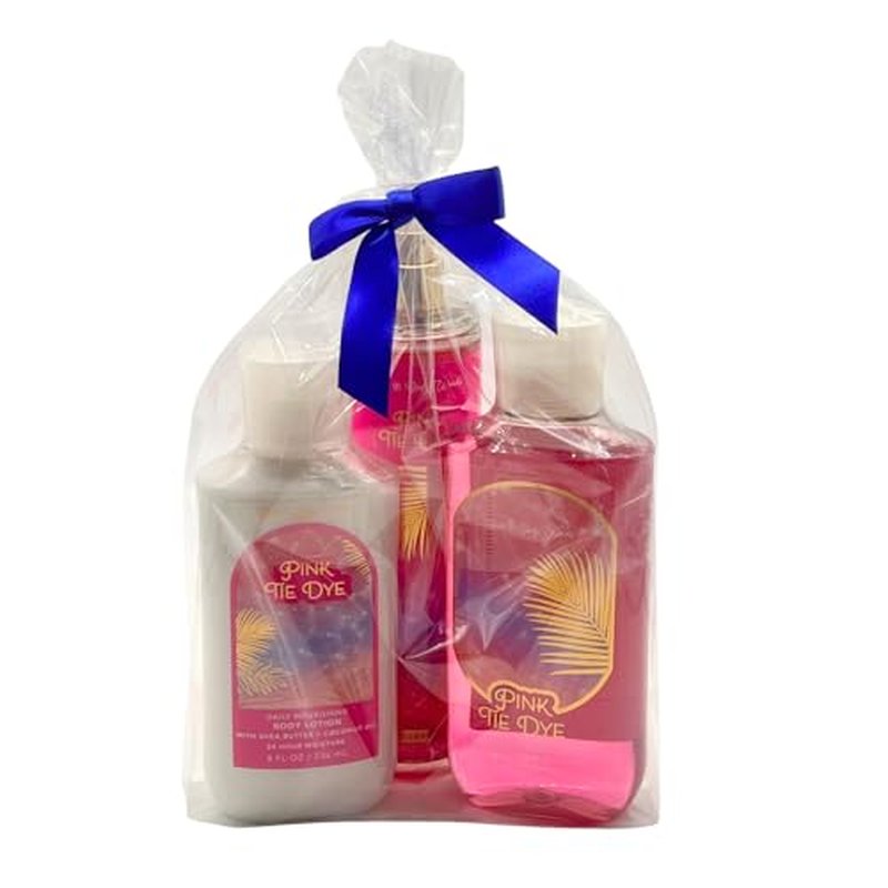 Bath & Body Works PINK TIE DYE - 3pc Bundle - Fine Fragrance Mist, Body Lotion, and Shower Gel Gift set with a Blue Bow for Holidays - LIMITED EDITION