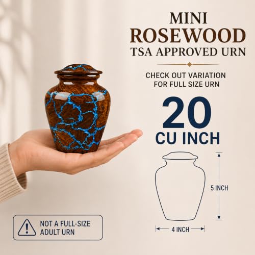Small Cremation Urn for Human Ashes - Vintage Rosewood Keepsake Memorial - Blue Resin Inlay - 20 Cubic Inches