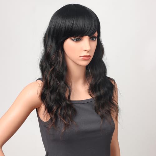 18 Inch Wavy Synthetic Wig with Bangs - Black with Brown Highlights, Heat Resistant, Natural Look, Comfortable Fit